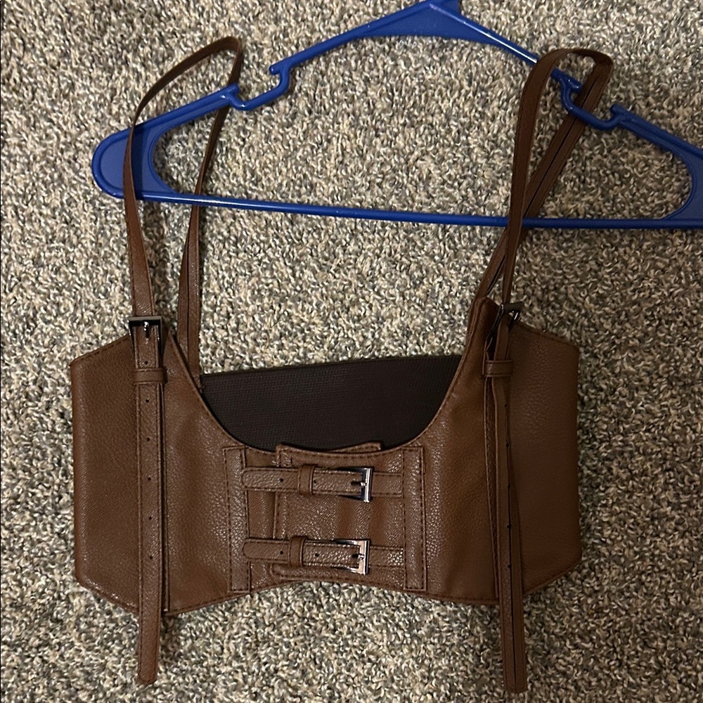 Brown Buckled Faux Leather Crop Top